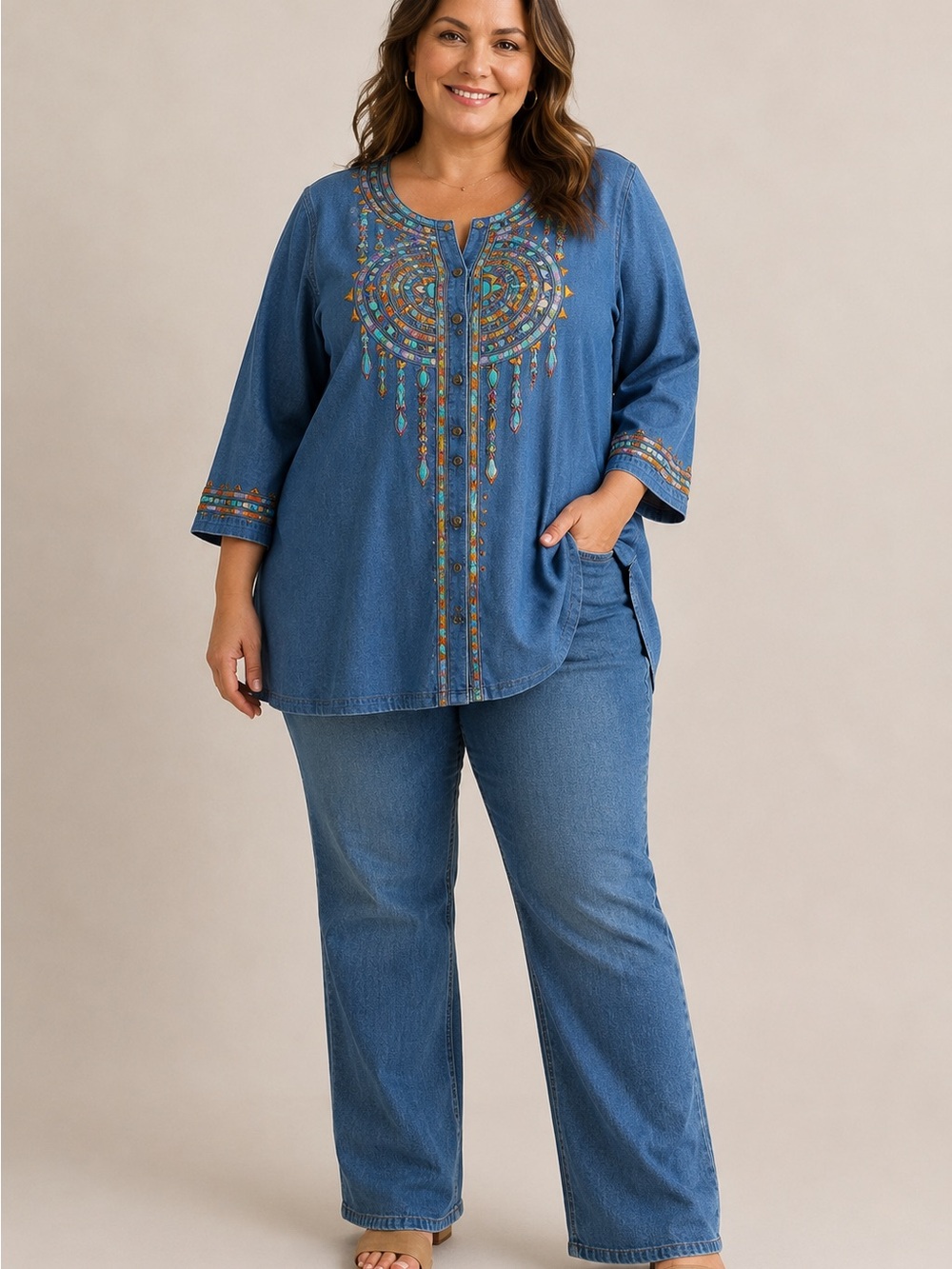 Bob Mackie Wearable Art Embroidered Denim Jacket XL Boho Western Artistic Top
